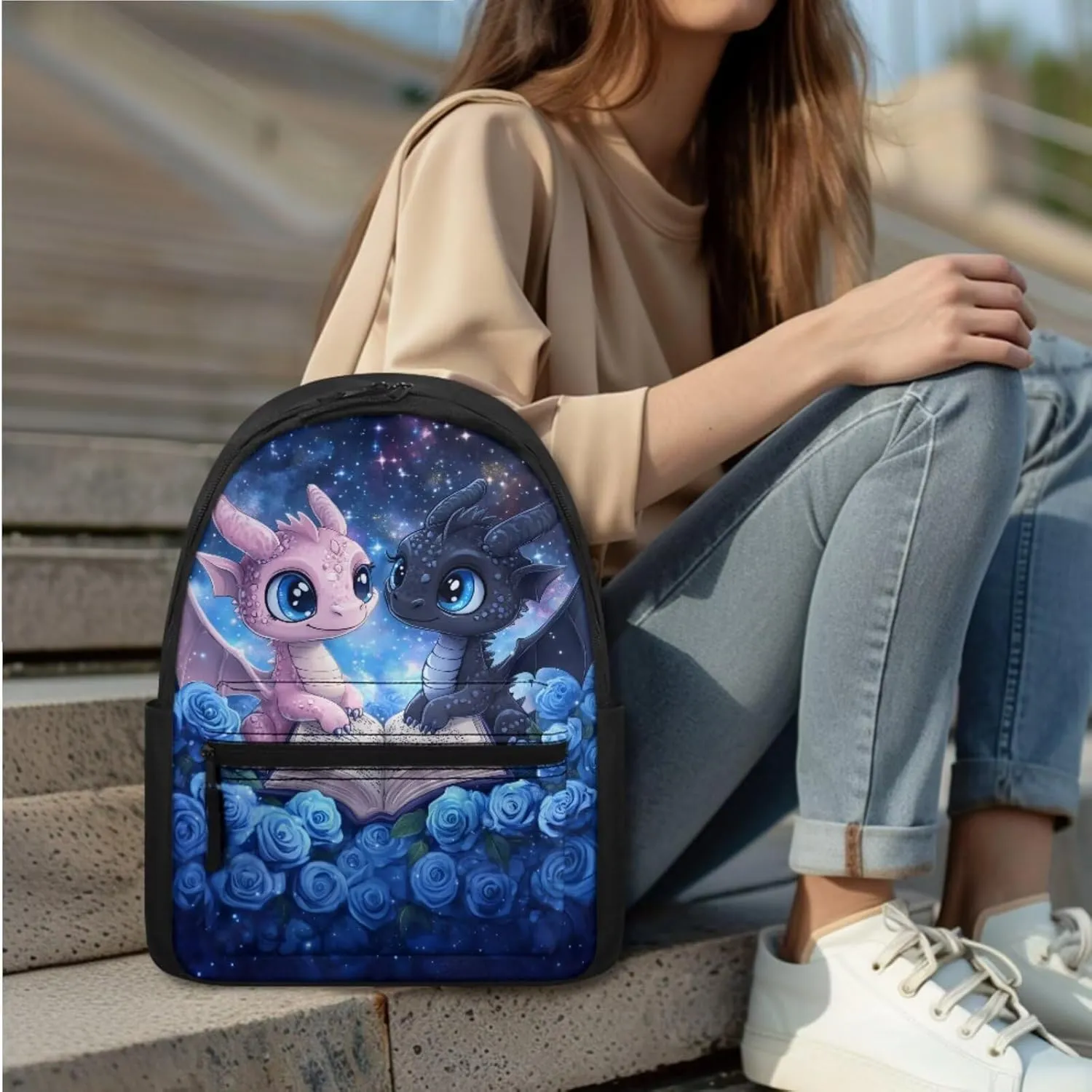 WELLFLYHOM Dragon Rose Kids School Backpack for Girls 4-6T Book Bag with Lunch Box Pencil Case 3pcs Book Galaxy School Bag Set for Preschool Elementary Students