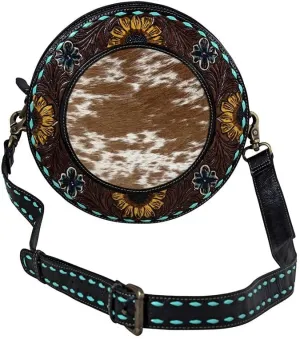 Western Leather Round Bag for Women - Crossbody Purse Shoulder Bag - Sunflower Sunrise