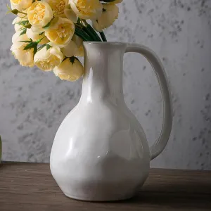 White Ceramic Vase with Big Handles, Modern Farmhouse Vase for Home Decor, Rustic Pottery Vase, Decorative Terracotta Vase for Flowers, Vintage Centerpieces for Dining Table
