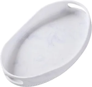 White Marble Serving Tray with Handles - 14x10 inches, Beaded Oval Decorative Tray, Countertop Ottoman Tray for Vanity, Living Room Entryway Table, Perfume Candle Display