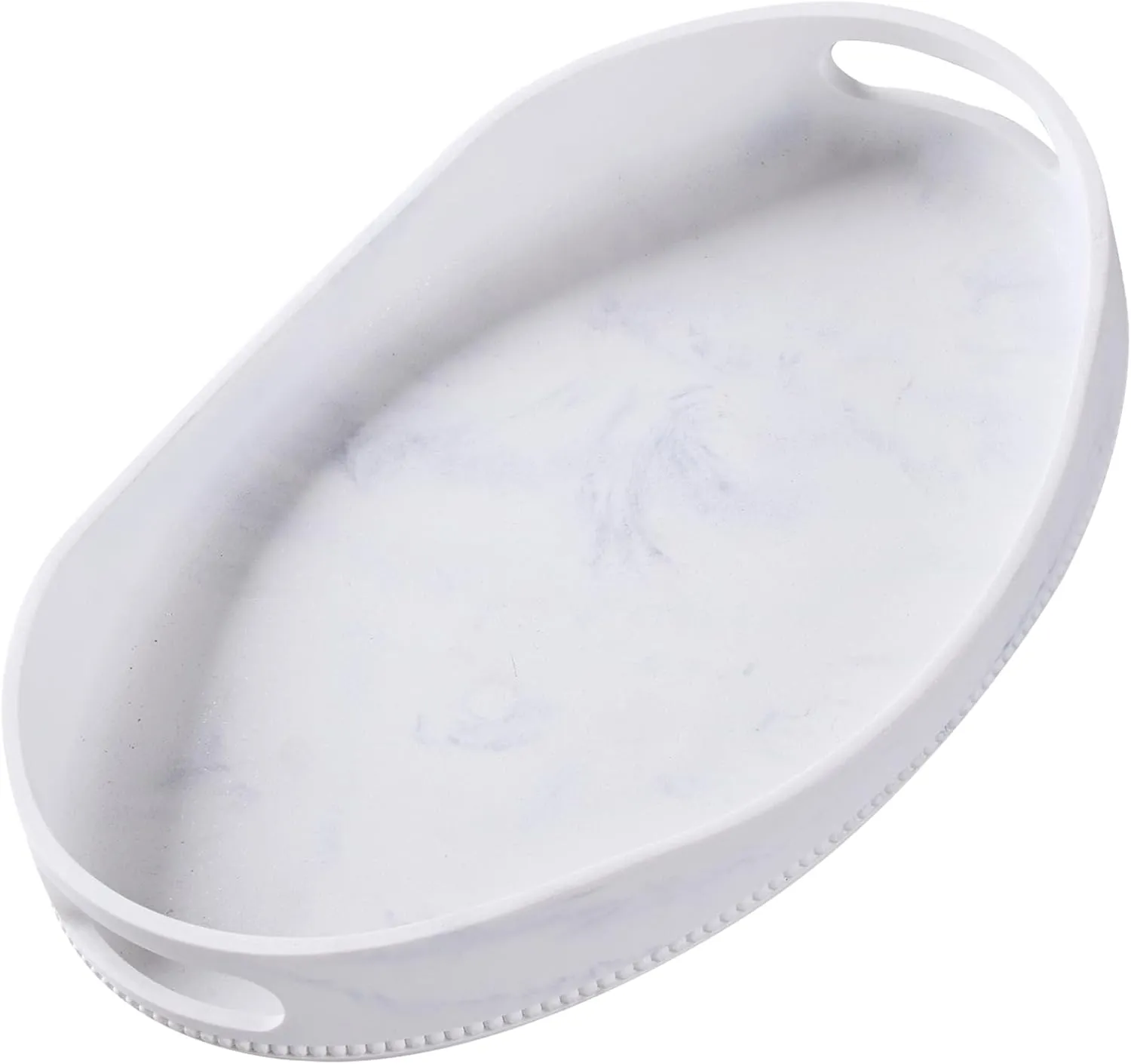 White Marble Serving Tray with Handles - 14x10 inches, Beaded Oval Decorative Tray, Countertop Ottoman Tray for Vanity, Living Room Entryway Table, Perfume Candle Display