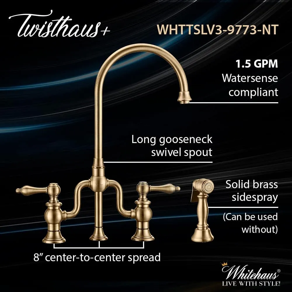 Whitehaus Collection Twisthaus Plus Deck Mount Faucet with Solid Brass Side Spray and Lever Handles, Polished Brass