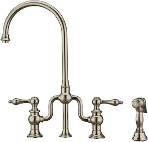 Whitehaus Collection Twisthaus Plus Deck Mount Faucet with Solid Brass Side Spray and Lever Handles, Polished Brass