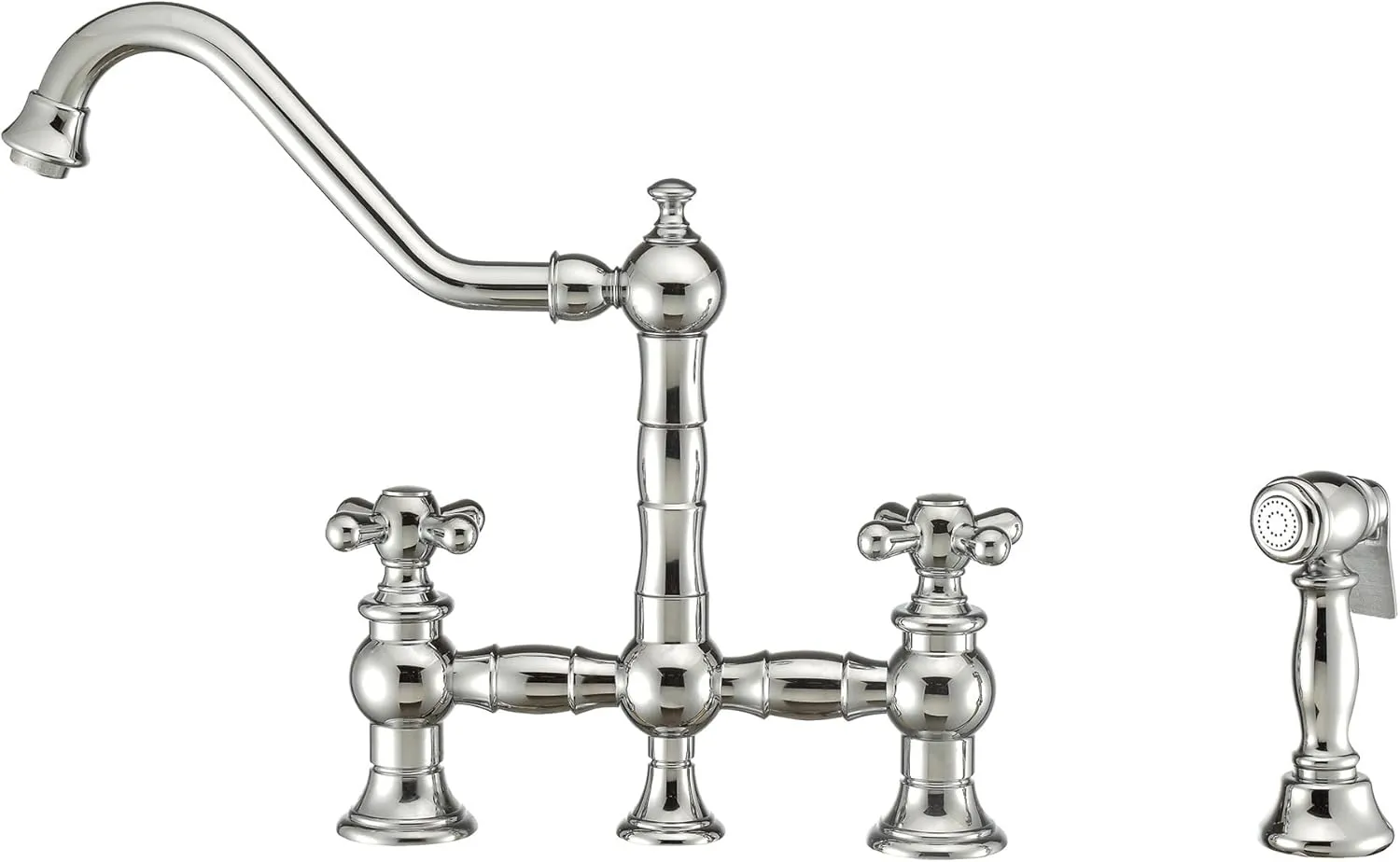 Whitehaus Collection WHKBTCR3-9201-NT-C Vintage III Plus Bridge Faucet with Long Traditional Swivel Spout, Cross Handles and Solid Brass Side Spray, One Size, Polished Chrome