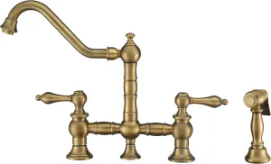 Whitehaus Collection WHKBTLV3-9201-NT-AB Vintage III Plus Bridge Faucet with Long Traditional Swivel Spout, Lever Handles and Solid Brass Side Spray, One Size, Antique Brass