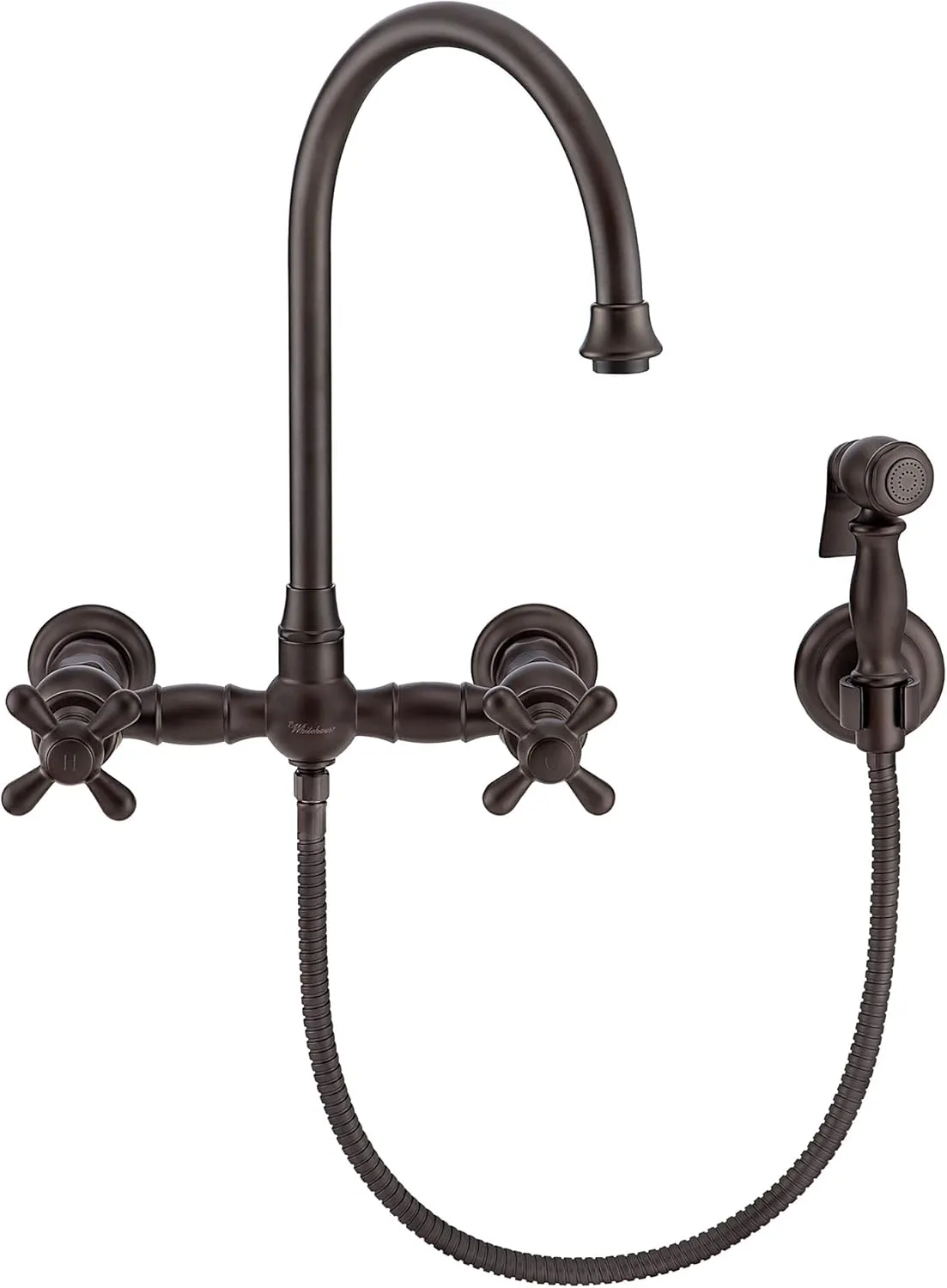 Whitehaus Kitchen Faucet; Brass Construction, Gooseneck, Cross Handles, Side Spray; Rubbed Bronze