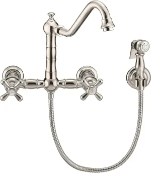 Whitehaus Kitchen Faucet; Brass Construction, Spout, Cross Handles, Side Spray; Polished Nickel