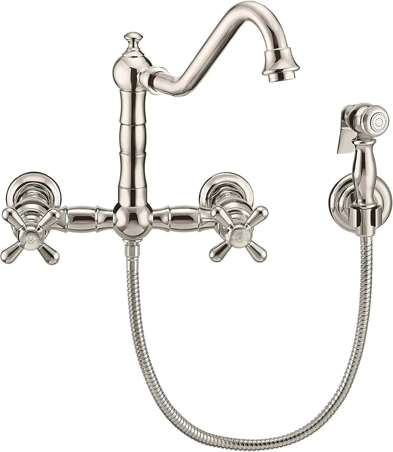 Whitehaus Kitchen Faucet; Brass Construction, Spout, Cross Handles, Side Spray; Polished Nickel
