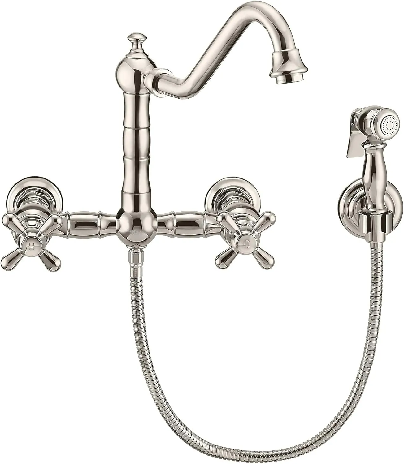 Whitehaus Kitchen Faucet; Brass Construction, Spout, Cross Handles, Side Spray; Polished Nickel