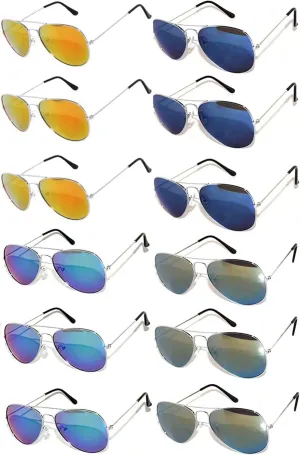 Wholesale Bulk Aviator Silver Metal Frame Sunglasses Mirrored Lens Blue Blue-Green Red Yellow -12 Pairs OWL ®