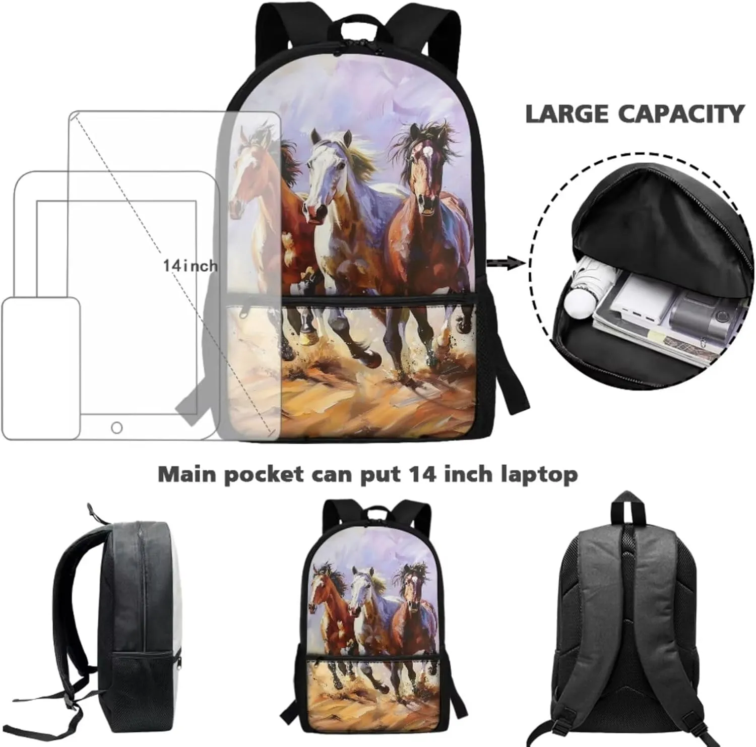 Wild Horse Backpack for School Boys 3 In 1 Primary School Bag and Lunch Bag Set with Pencil Case Elementary Middle Bookbag School Bag Packs for Kids Child Girls Daycare School Satchel