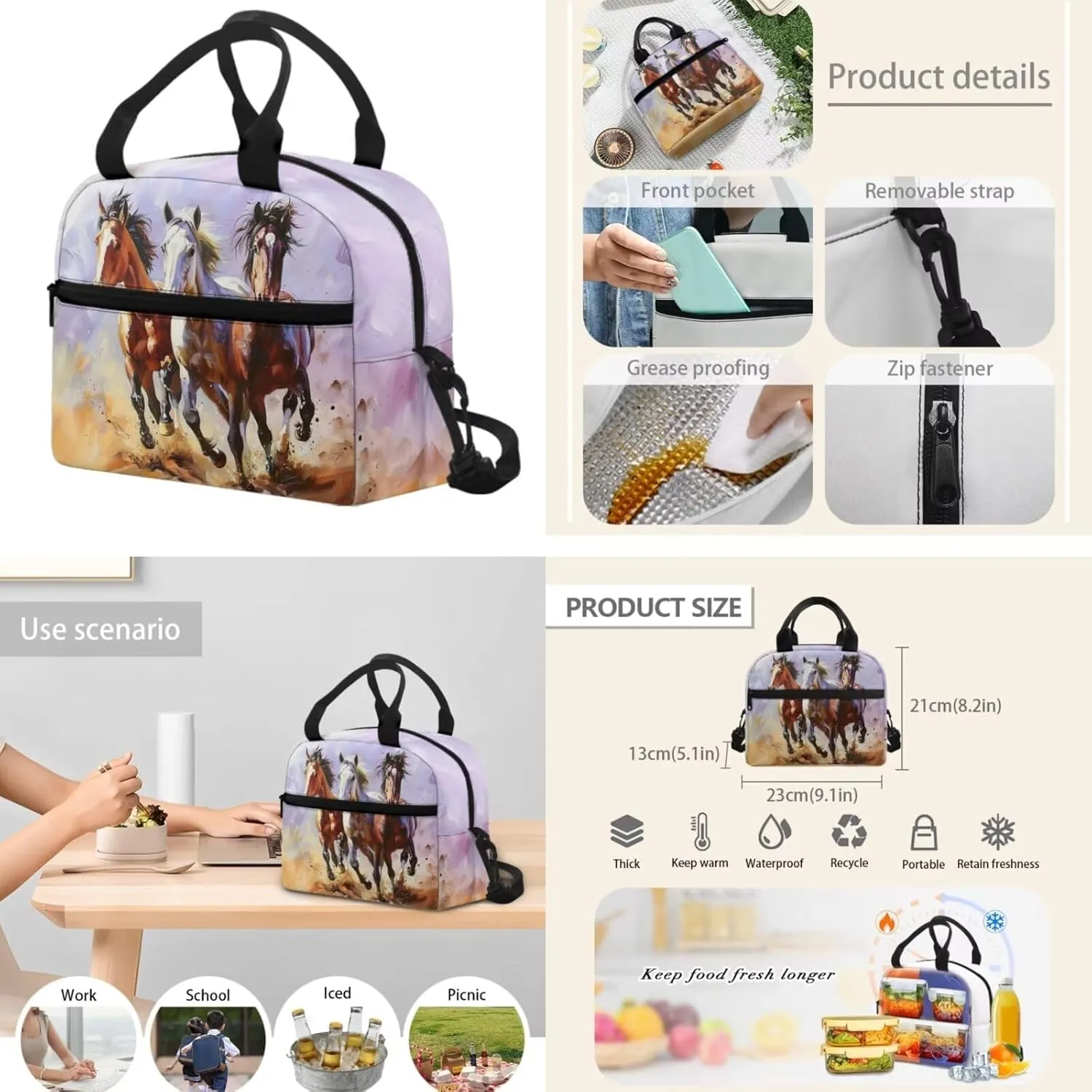 Wild Horse Backpack for School Boys 3 In 1 Primary School Bag and Lunch Bag Set with Pencil Case Elementary Middle Bookbag School Bag Packs for Kids Child Girls Daycare School Satchel