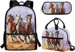 Wild Horse Backpack for School Boys 3 In 1 Primary School Bag and Lunch Bag Set with Pencil Case Elementary Middle Bookbag School Bag Packs for Kids Child Girls Daycare School Satchel