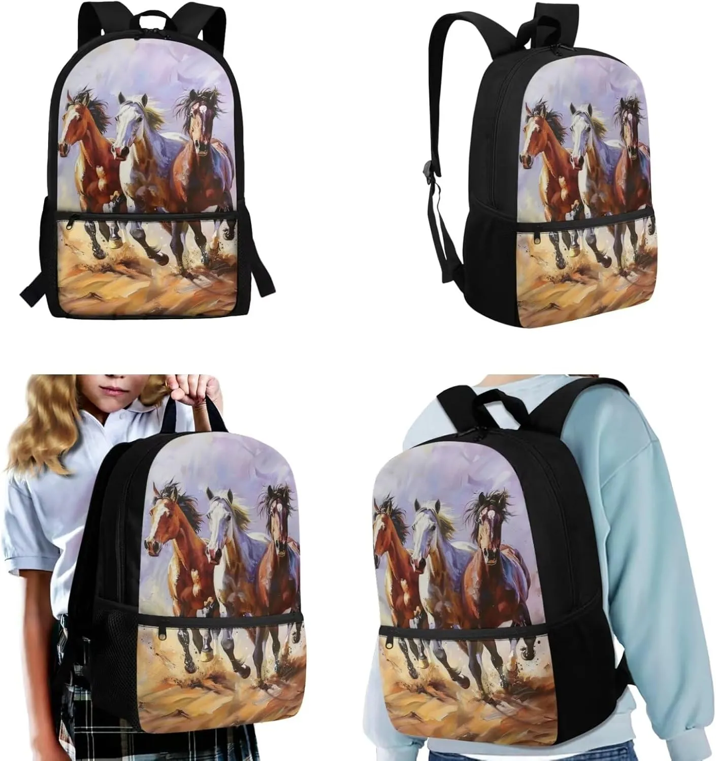 Wild Horse Backpack for School Boys 3 In 1 Primary School Bag and Lunch Bag Set with Pencil Case Elementary Middle Bookbag School Bag Packs for Kids Child Girls Daycare School Satchel