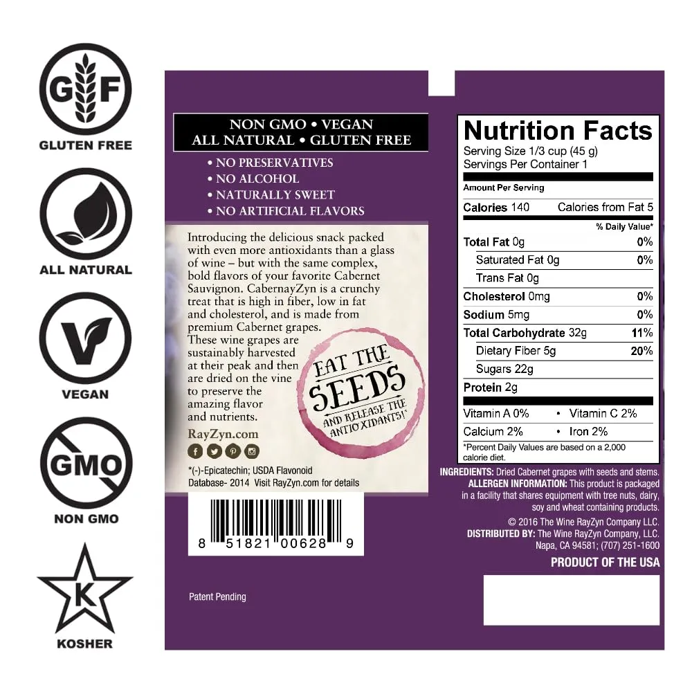 Wine RayZyn® CabernayZyn® | Nature's Most Antioxidant-Rich Superfood for a Healthy Heart and Life | Made from Dried California Cabernet Wine Raisins®| Alcohol-Free with the Health Benefits of a Glass of Wine | Healthy Raisin (Pack of 12)