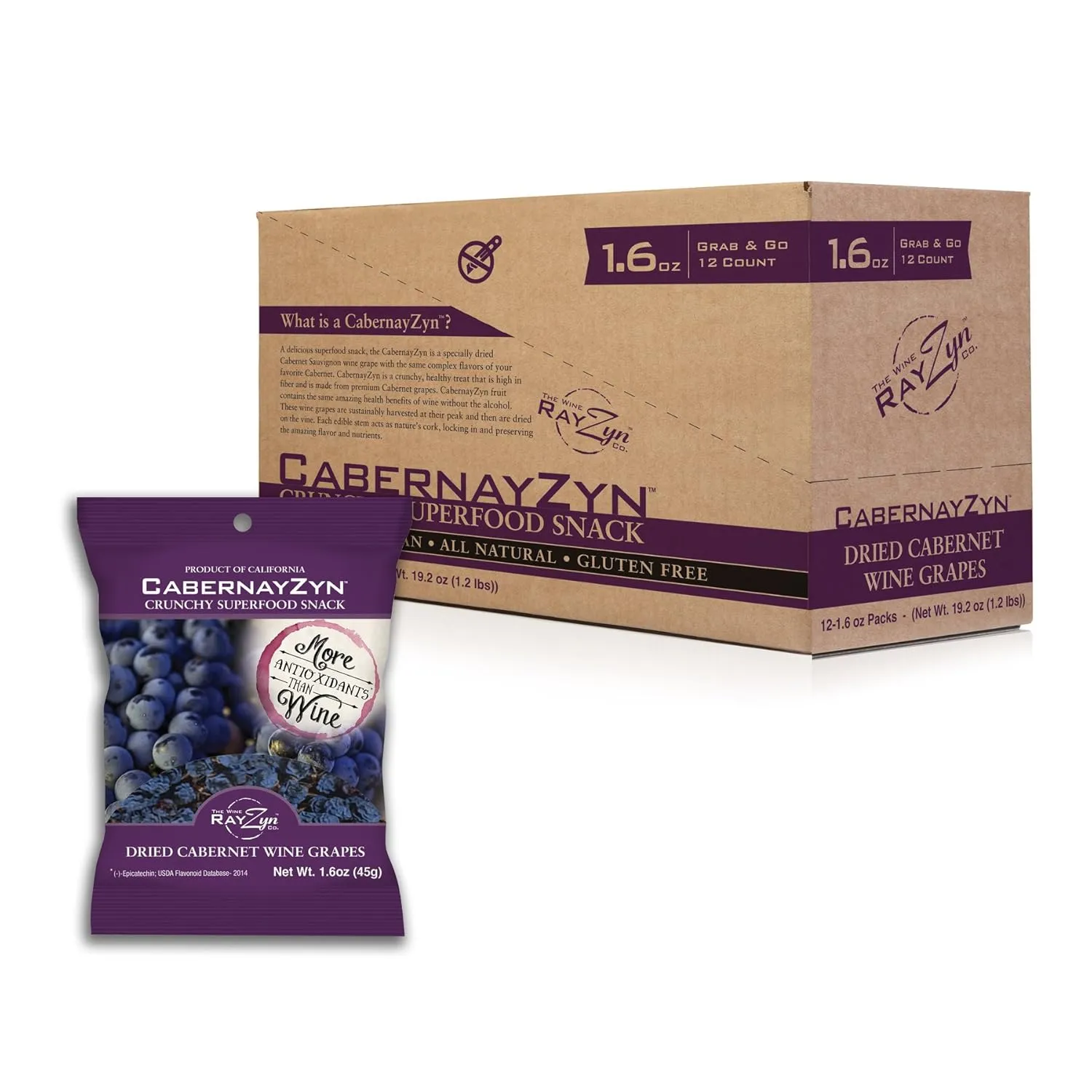 Wine RayZyn® CabernayZyn® | Nature's Most Antioxidant-Rich Superfood for a Healthy Heart and Life | Made from Dried California Cabernet Wine Raisins®| Alcohol-Free with the Health Benefits of a Glass of Wine | Healthy Raisin (Pack of 12)
