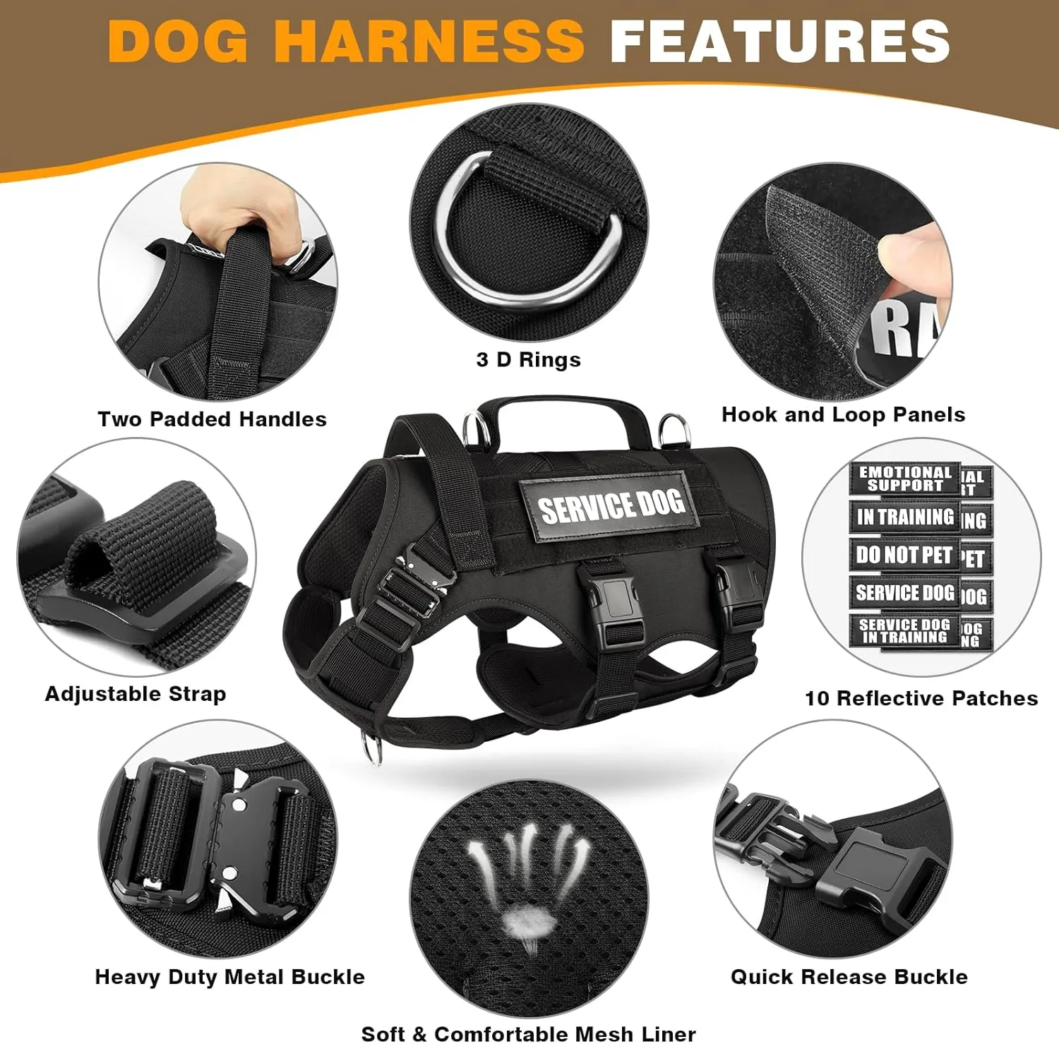 WINSEE Service Dog Vest Harness for Large Dog, Tactical Working MOLLE Vest with 10 Pet Patches, No Pull Heavy Duty Harness for Training Hunting Walking