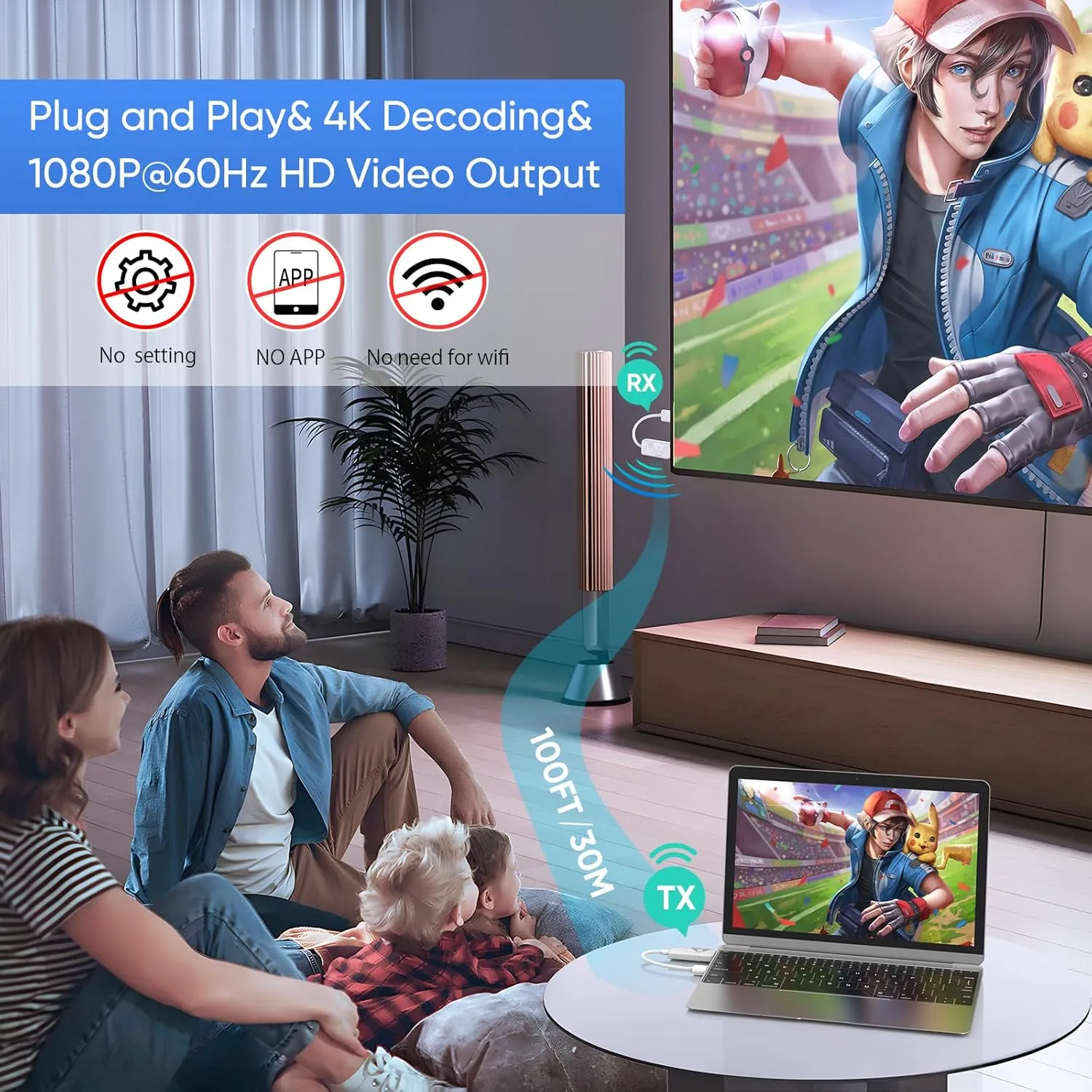 Wireless HDMI Transmitter and Receiver 100ft/30m,4K Decode 1080P Output Wireless HDMI,2.4G/5G Plug&Play Portable HDMI Wireless,for Streaming Video and Audio to Monitor from Laptop/TV Box