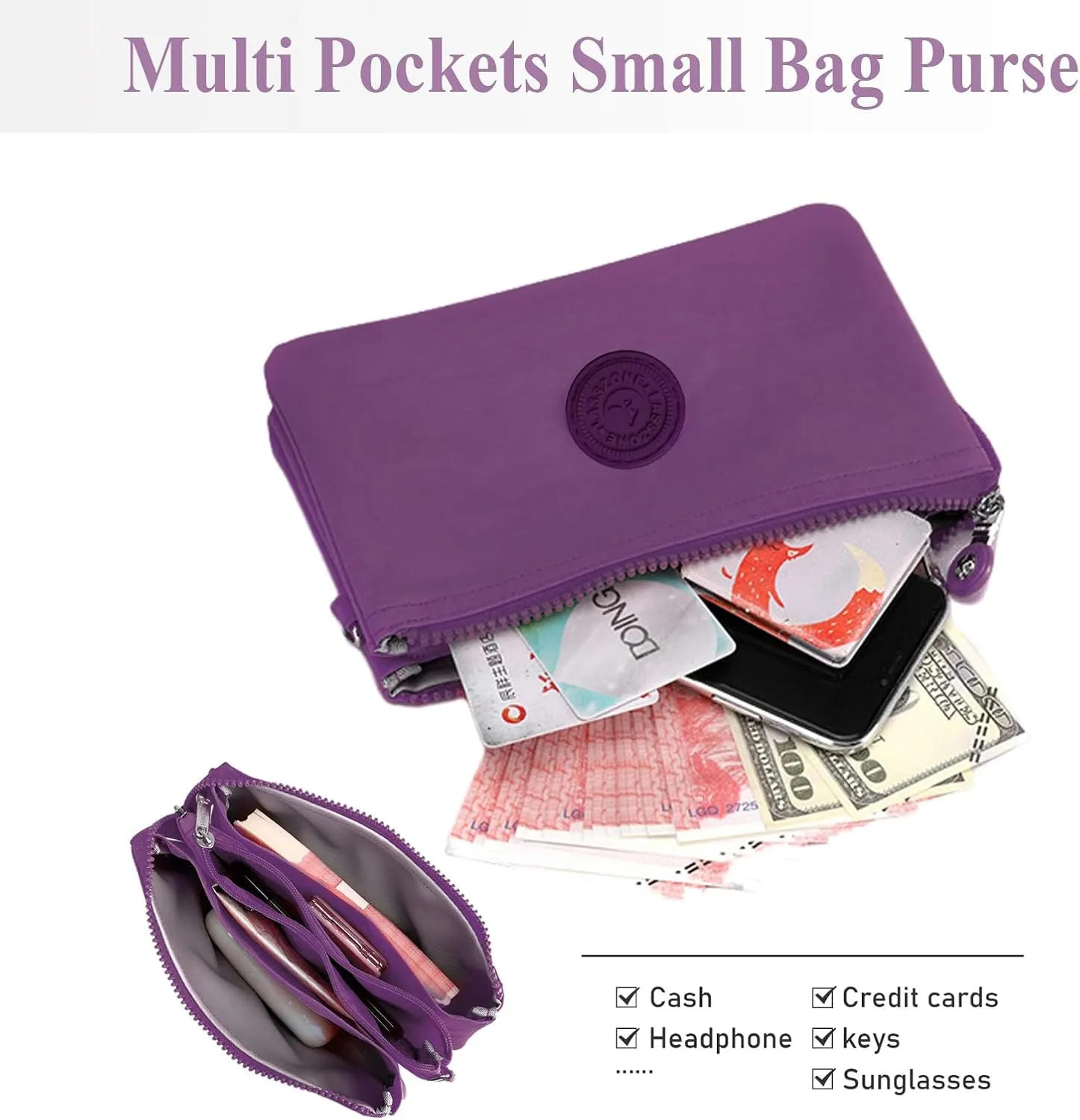WITERY Wristlet Purse for Women - Waterproof Nylon Multi Pocket Small Clutch Purse with Shoulder and Wrist Straps