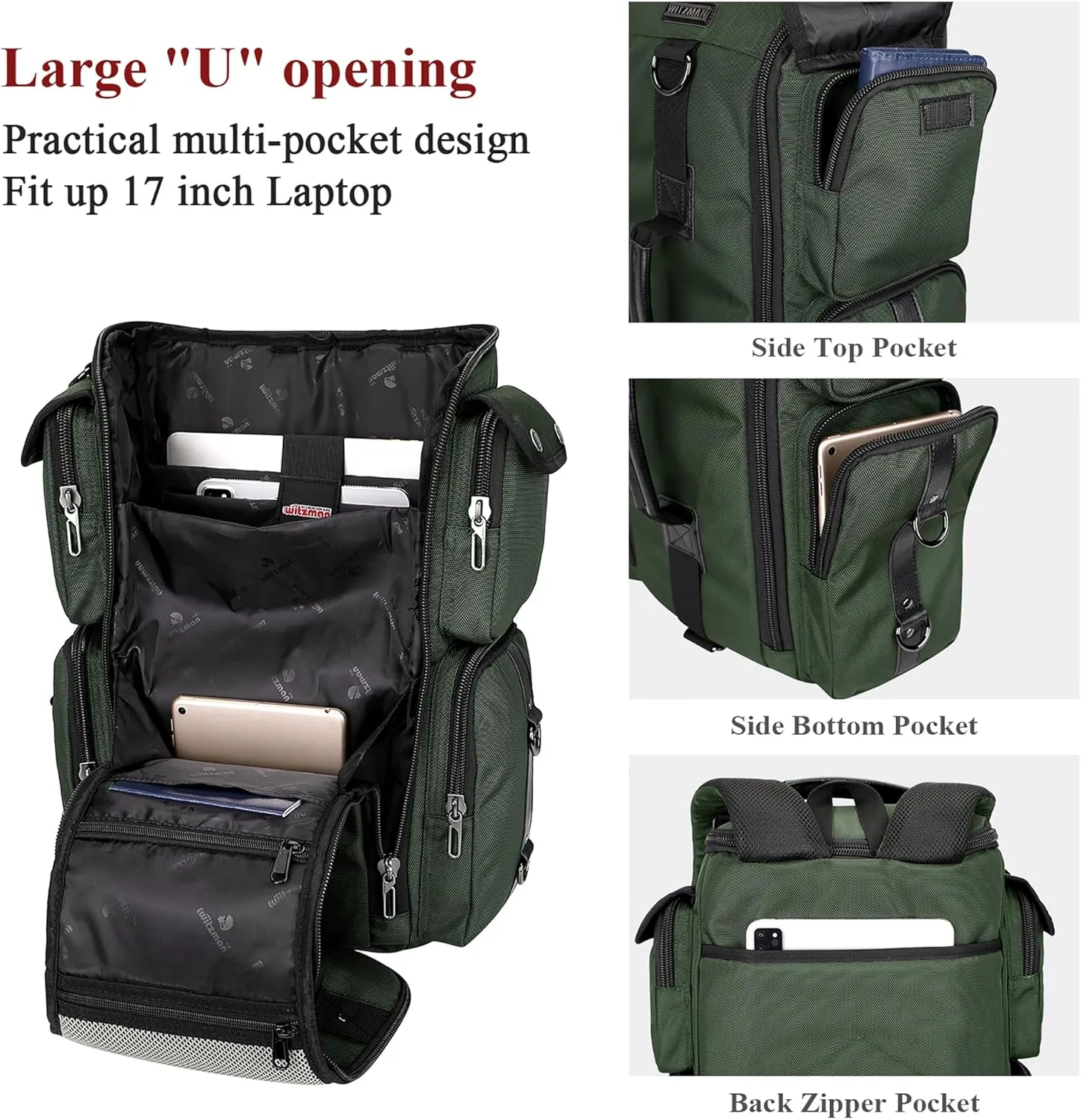 WITZMAN Travel Backpack for Men Carry On Backpack Duffel Bag Large Capacity Laptop Backpack 17 Inch (6695 Army Green)