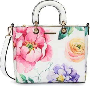 WJ accessories floral Print Handbag with Metal Handles, White with Pink Rose and Purple Flower Design, Fashion Tote Purse