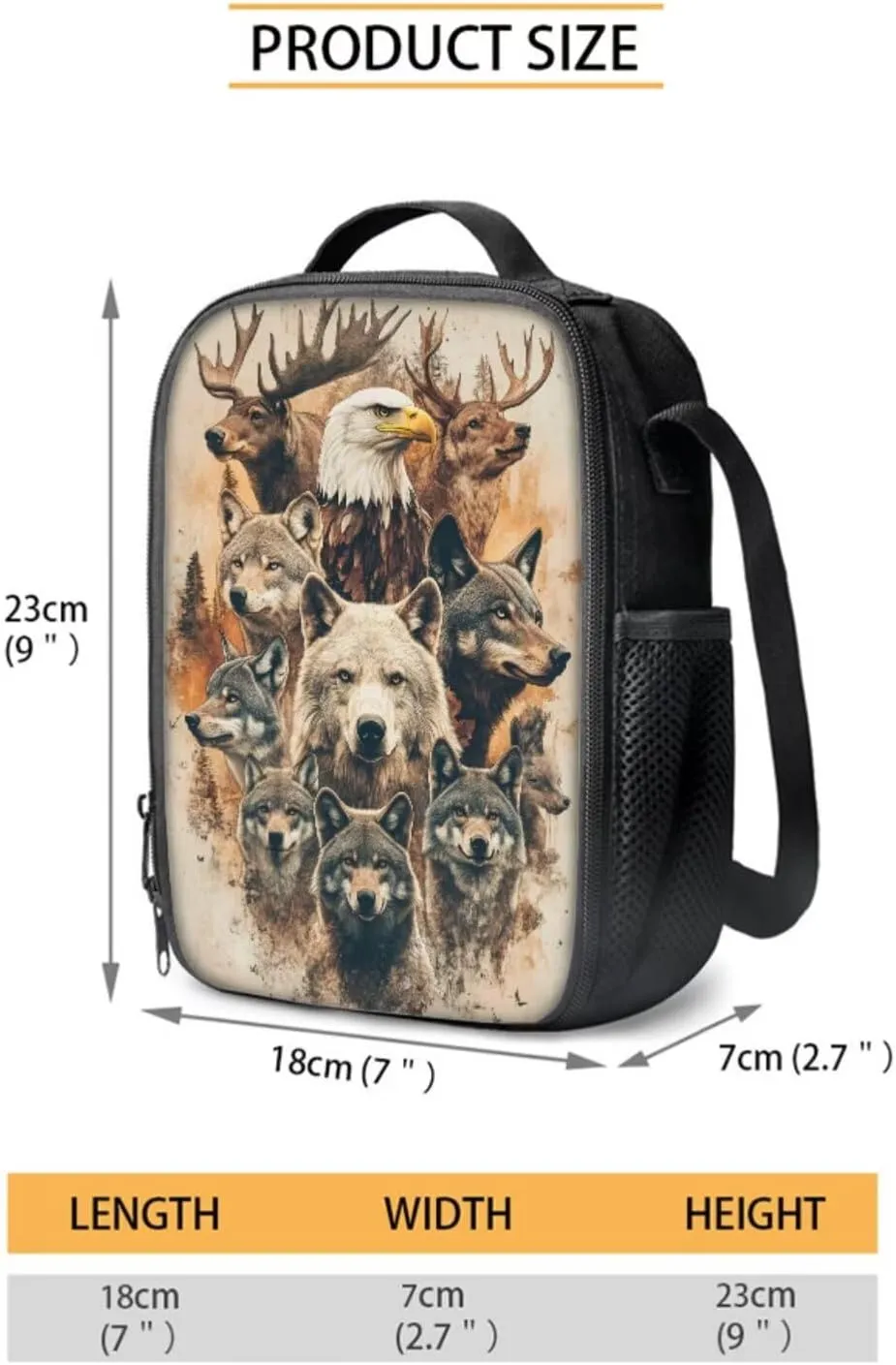 Wolf Elk Eagle Pattern School Backpack 4Pcs Set 17" School Bag with Thermal Lunch Bag Pencil Case and Water Bottle Holder Back to School Gift for Kids