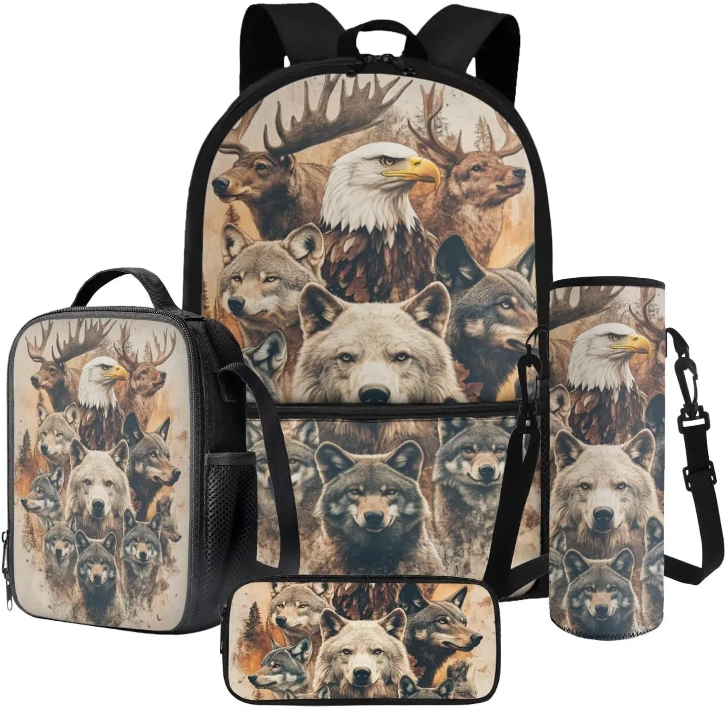 Wolf Elk Eagle Pattern School Backpack 4Pcs Set 17" School Bag with Thermal Lunch Bag Pencil Case and Water Bottle Holder Back to School Gift for Kids