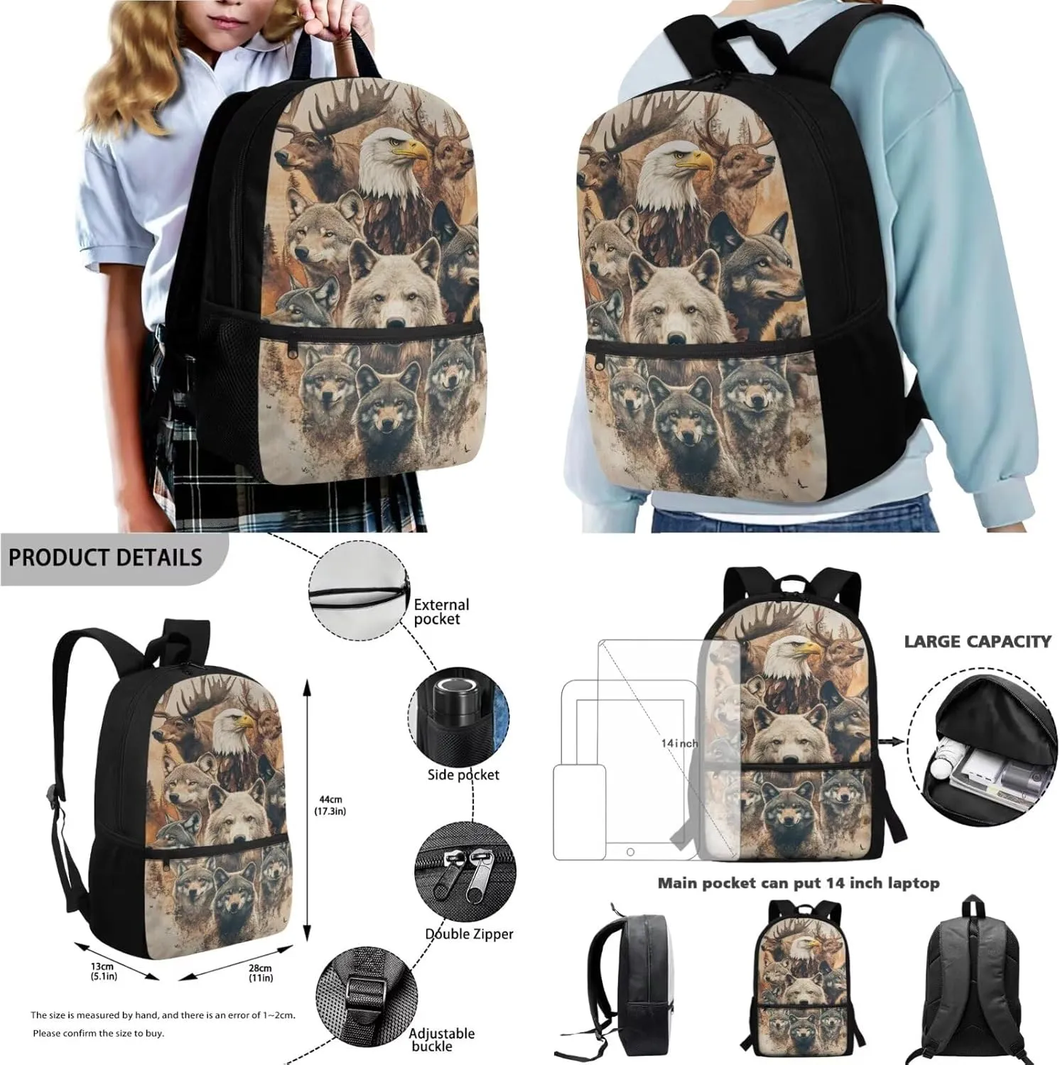 Wolf Elk Eagle Pattern School Backpack 4Pcs Set 17" School Bag with Thermal Lunch Bag Pencil Case and Water Bottle Holder Back to School Gift for Kids