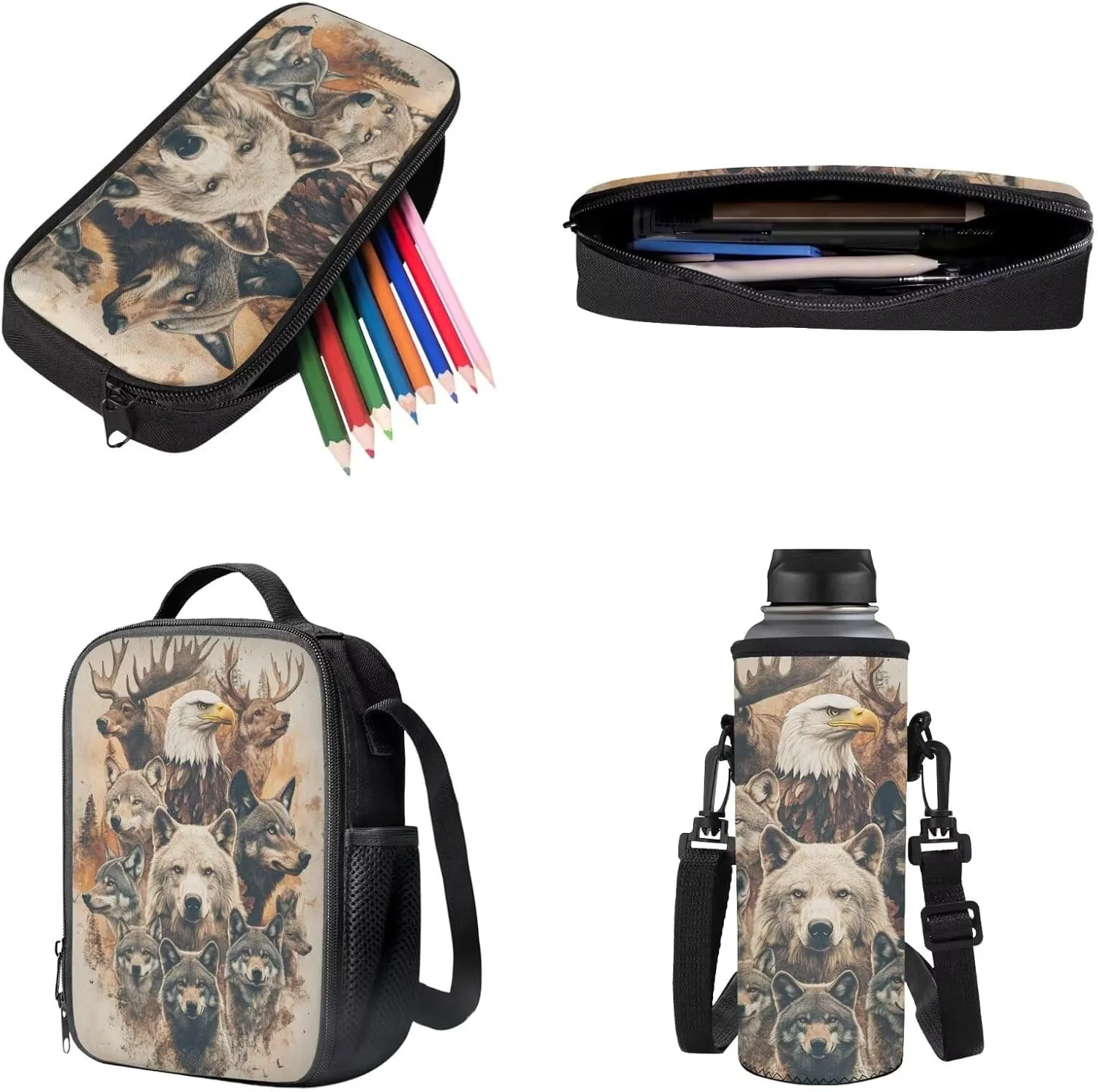 Wolf Elk Eagle Pattern School Backpack 4Pcs Set 17" School Bag with Thermal Lunch Bag Pencil Case and Water Bottle Holder Back to School Gift for Kids