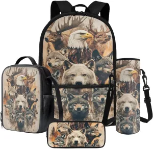 Wolf Elk Eagle Pattern School Backpack 4Pcs Set 17" School Bag with Thermal Lunch Bag Pencil Case and Water Bottle Holder Back to School Gift for Kids