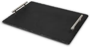 Wolfgang Puck Slate Tray with Stainless Steel Handles, Slate Serving Board, Cheese and Charcuterie Board, Anti-Skid Rubber Feet, Natural Slate with Flaked Edge