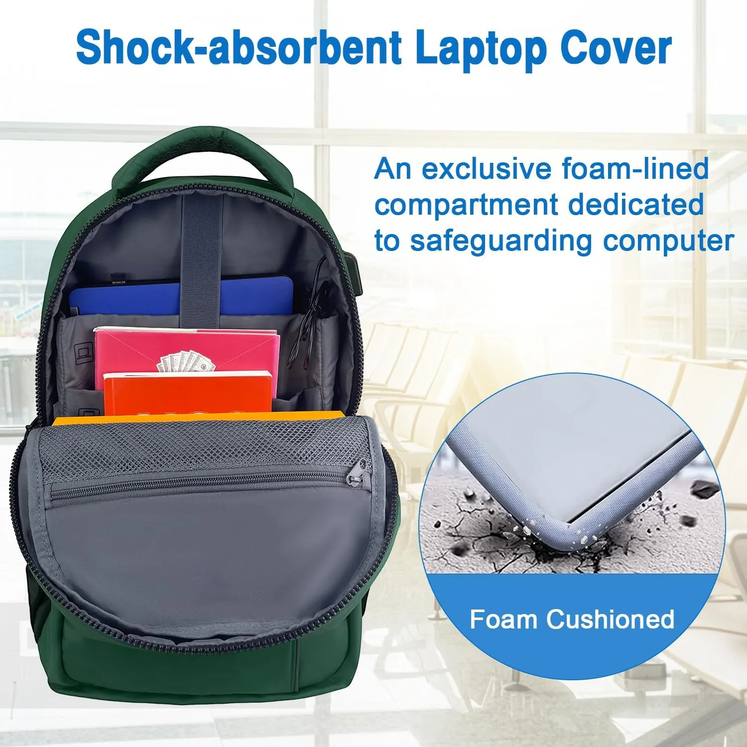 WOLT Laptop Backpack for Men Women for 15.6 Inch and 17 Inch Notebook, Travel Backpack Carry On Flight Approved with Computer Compartment, College Bookbag with USB Charging Port (Green)
