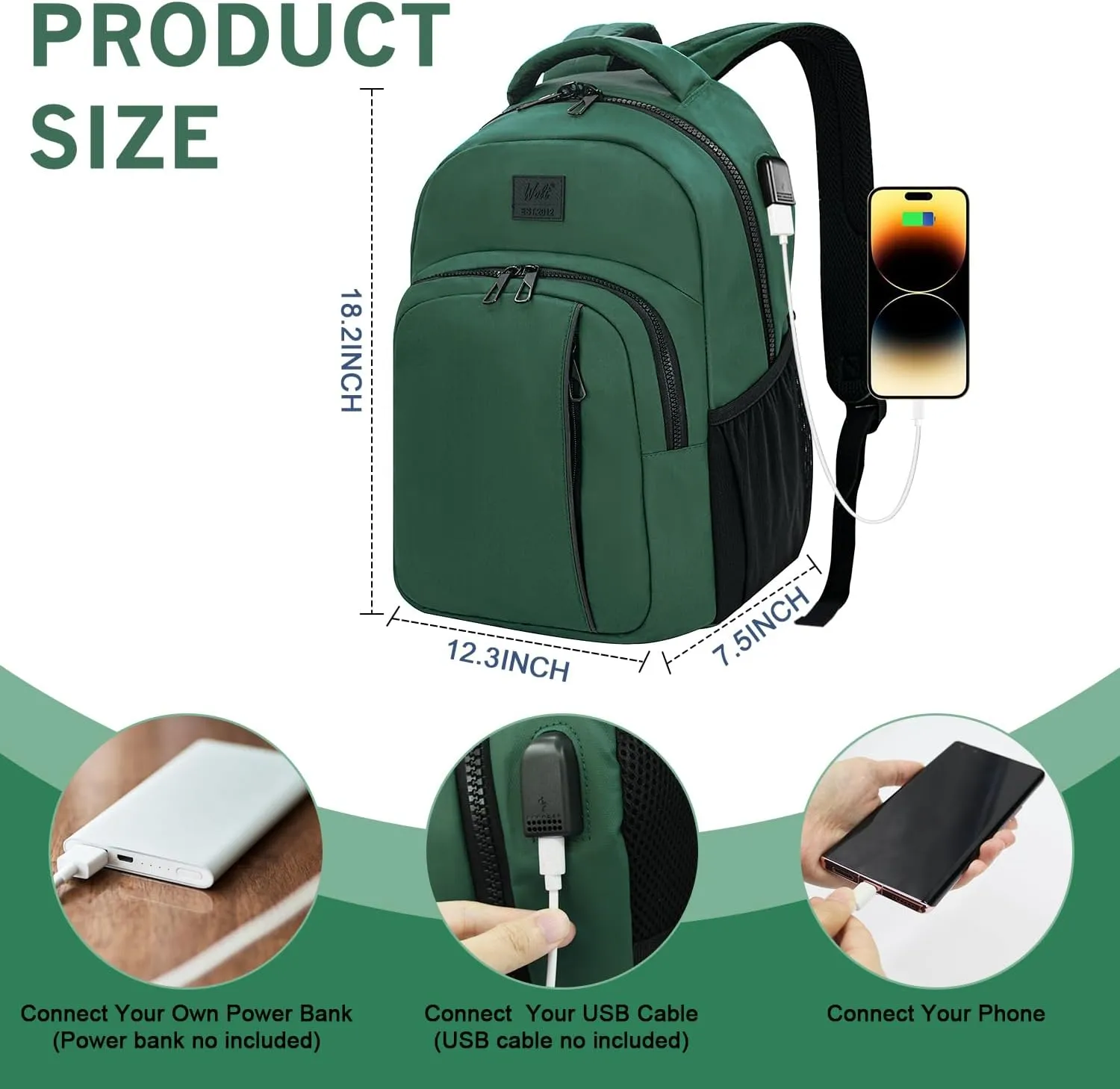 WOLT Laptop Backpack for Men Women for 15.6 Inch and 17 Inch Notebook, Travel Backpack Carry On Flight Approved with Computer Compartment, College Bookbag with USB Charging Port (Green)