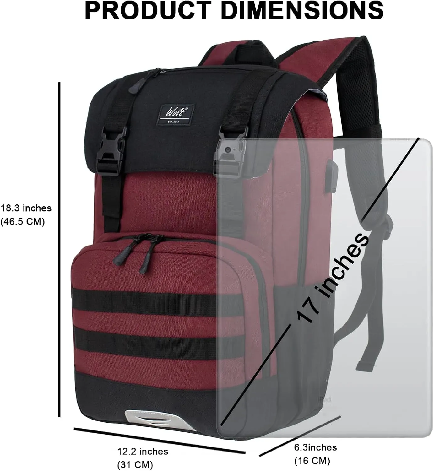 WOLT Laptop Backpack with USB Charging Port Fits Up to 17 Inch Laptop, College Backpack for Men Women, Computer Business Bookbag, Red