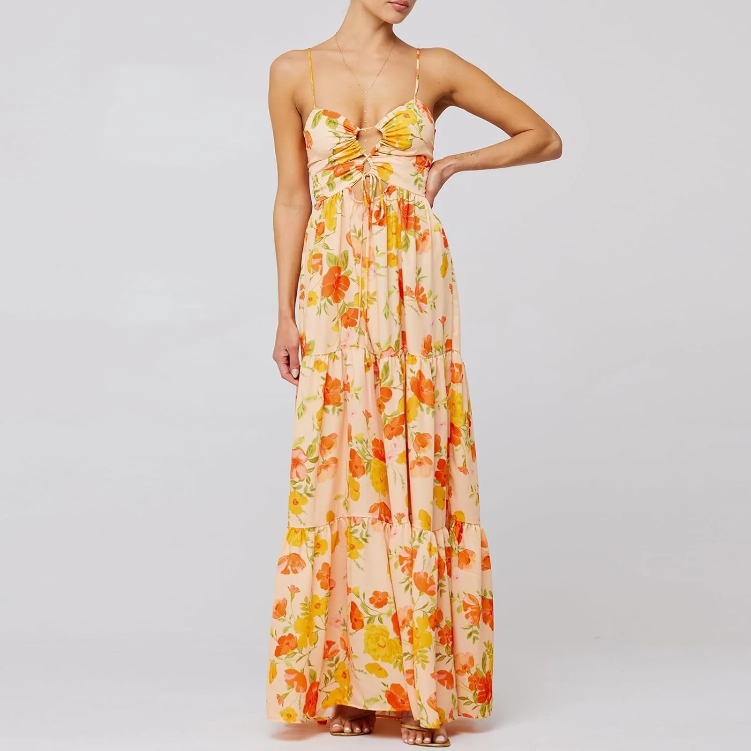 Women Boho Floral Sleeveless Smocked Maxi Dress Square Neck Spaghetti Strap Flowy Swing A Line Sundress