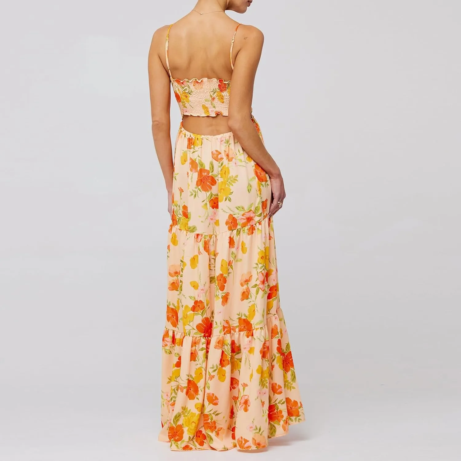 Women Boho Floral Sleeveless Smocked Maxi Dress Square Neck Spaghetti Strap Flowy Swing A Line Sundress