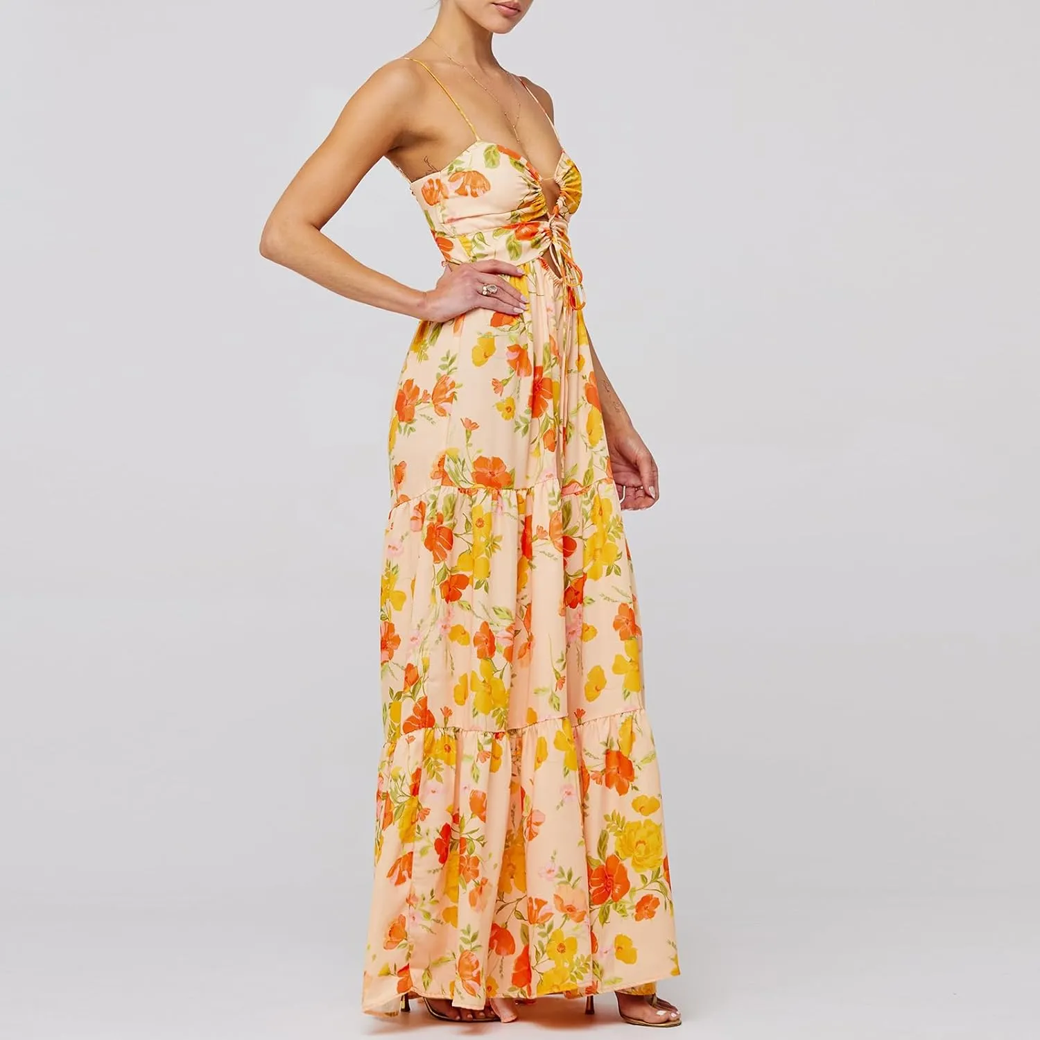 Women Boho Floral Sleeveless Smocked Maxi Dress Square Neck Spaghetti Strap Flowy Swing A Line Sundress