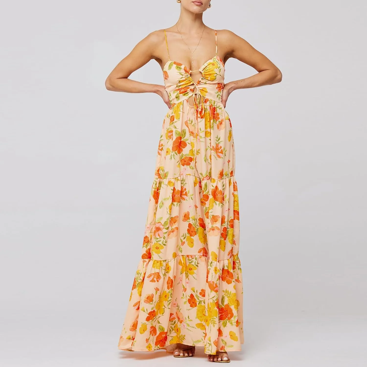 Women Boho Floral Sleeveless Smocked Maxi Dress Square Neck Spaghetti Strap Flowy Swing A Line Sundress