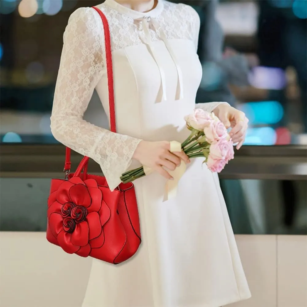 Women Flower Top Handle Handbag Purse PU Leather Satchel Petal Crossbody Shoulder Bag Tote