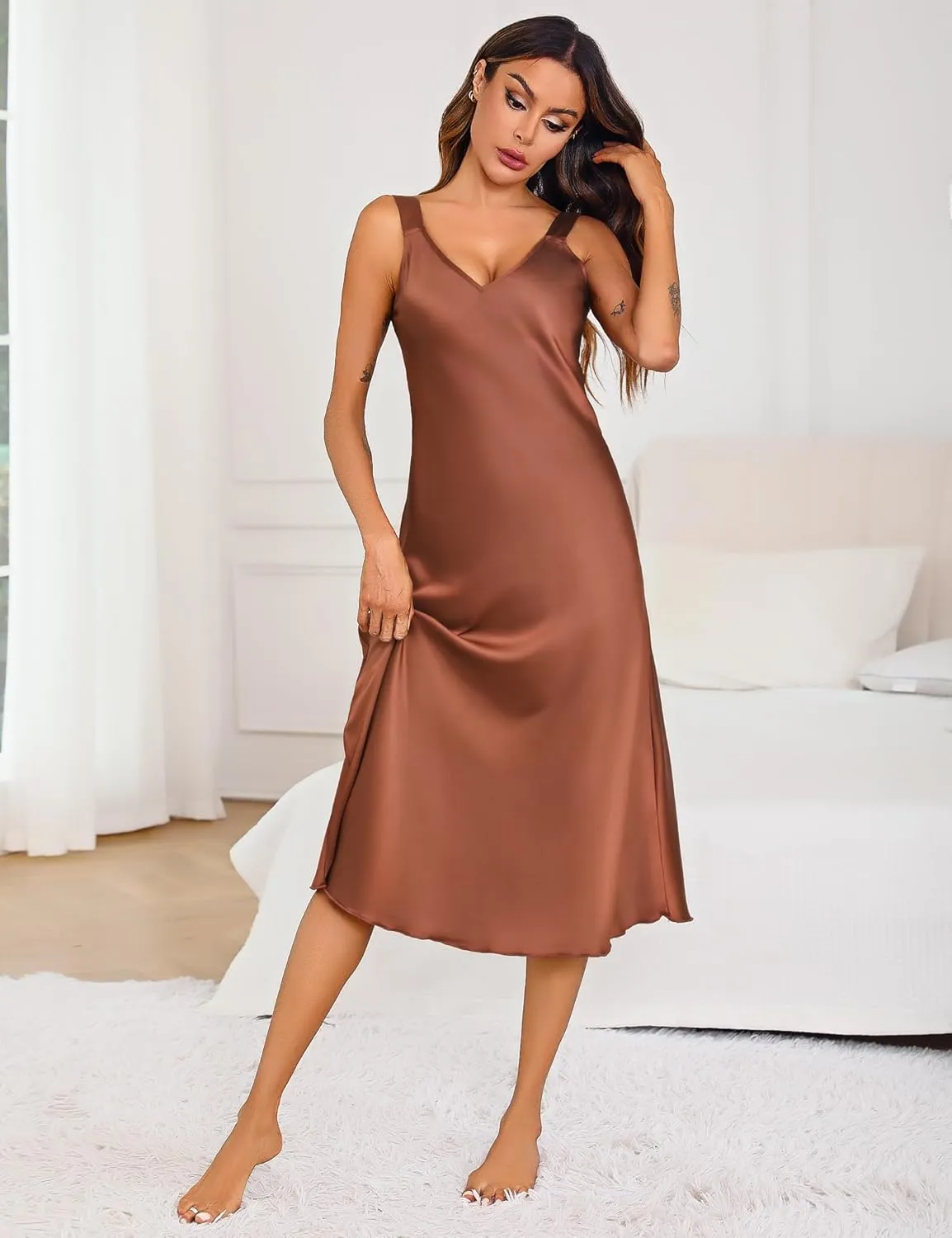 Women Long Satin Nightgown Silk Slips Dress Sexy V Neck Sleepwear Sleeveless Nightshirt Wide Strap Chemise