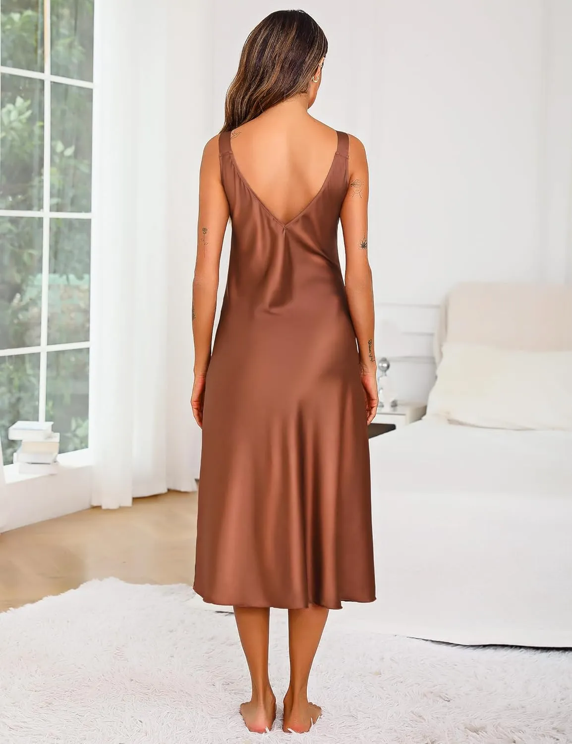 Women Long Satin Nightgown Silk Slips Dress Sexy V Neck Sleepwear Sleeveless Nightshirt Wide Strap Chemise