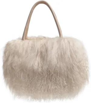Women Luxury Real Lamb Mongolian Flush Wool Fur With Genuine Leather Handles Handbag