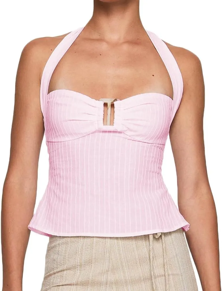 Women Sexy Tie Back Sweetheart Neck Halter Top Casual Sleeveless Criss Cross Strap Backless Ruched Crop Tank Top