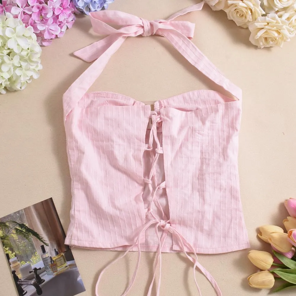 Women Sexy Tie Back Sweetheart Neck Halter Top Casual Sleeveless Criss Cross Strap Backless Ruched Crop Tank Top