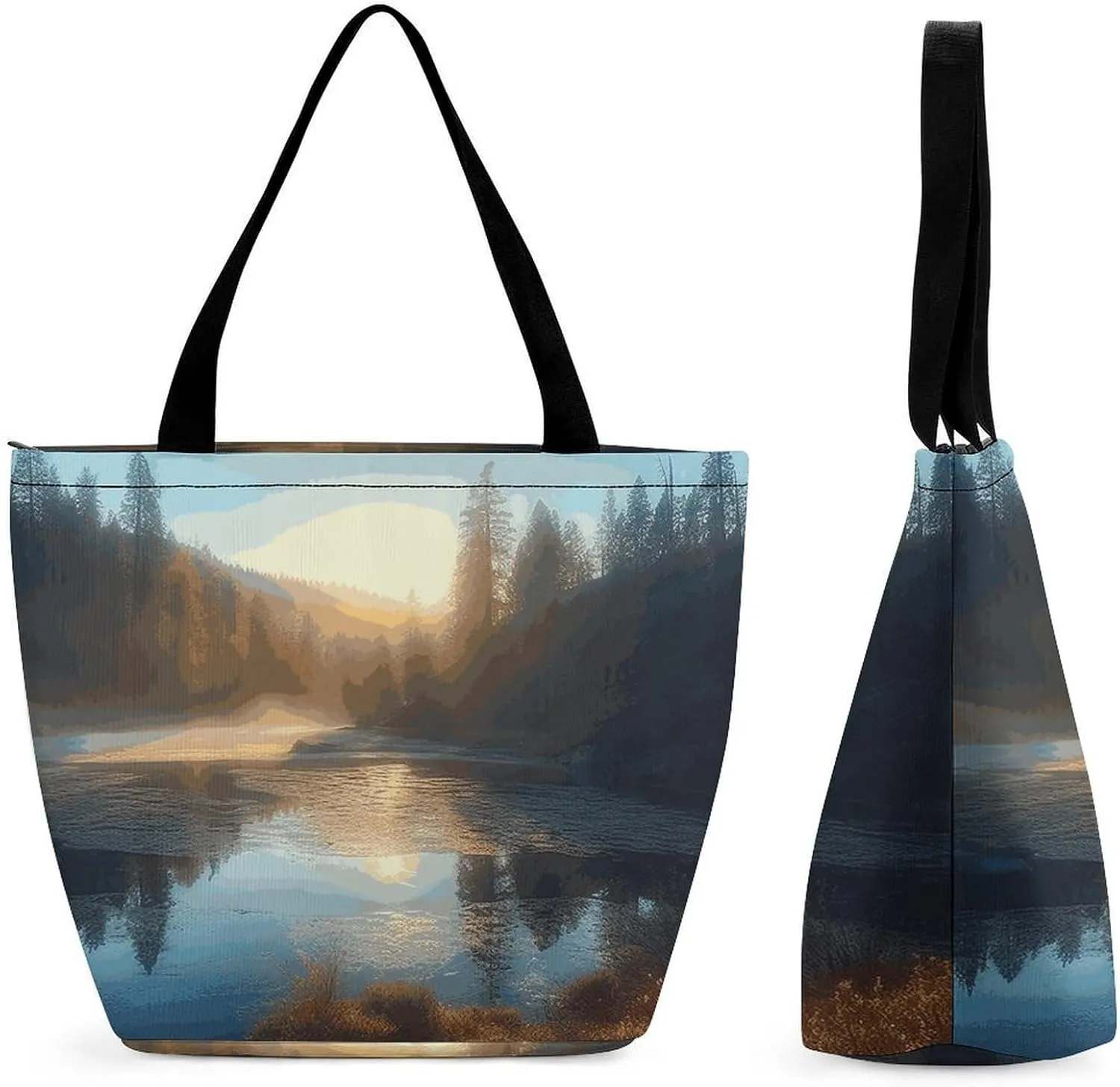 Women Tote Bags with Handles Sunrise over Mountain Forest Lake Shoulder Bag with Zipper Handbags Shopping Bags Travel Bag Beach Bag Reusable Grocery Bag for Swim Holiday Gift
