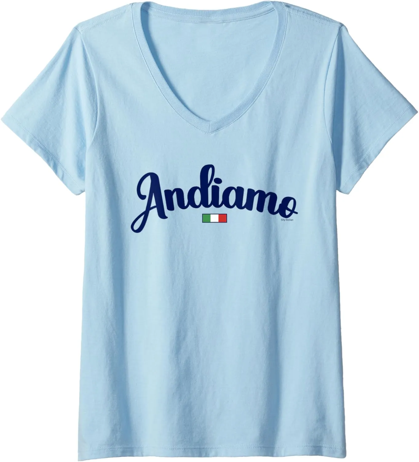 Womens Andiamo Let's Go To Italy Italian Travel Navy Script & Flag V-Neck T-Shirt