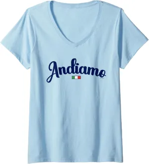 Womens Andiamo Let's Go To Italy Italian Travel Navy Script & Flag V-Neck T-Shirt
