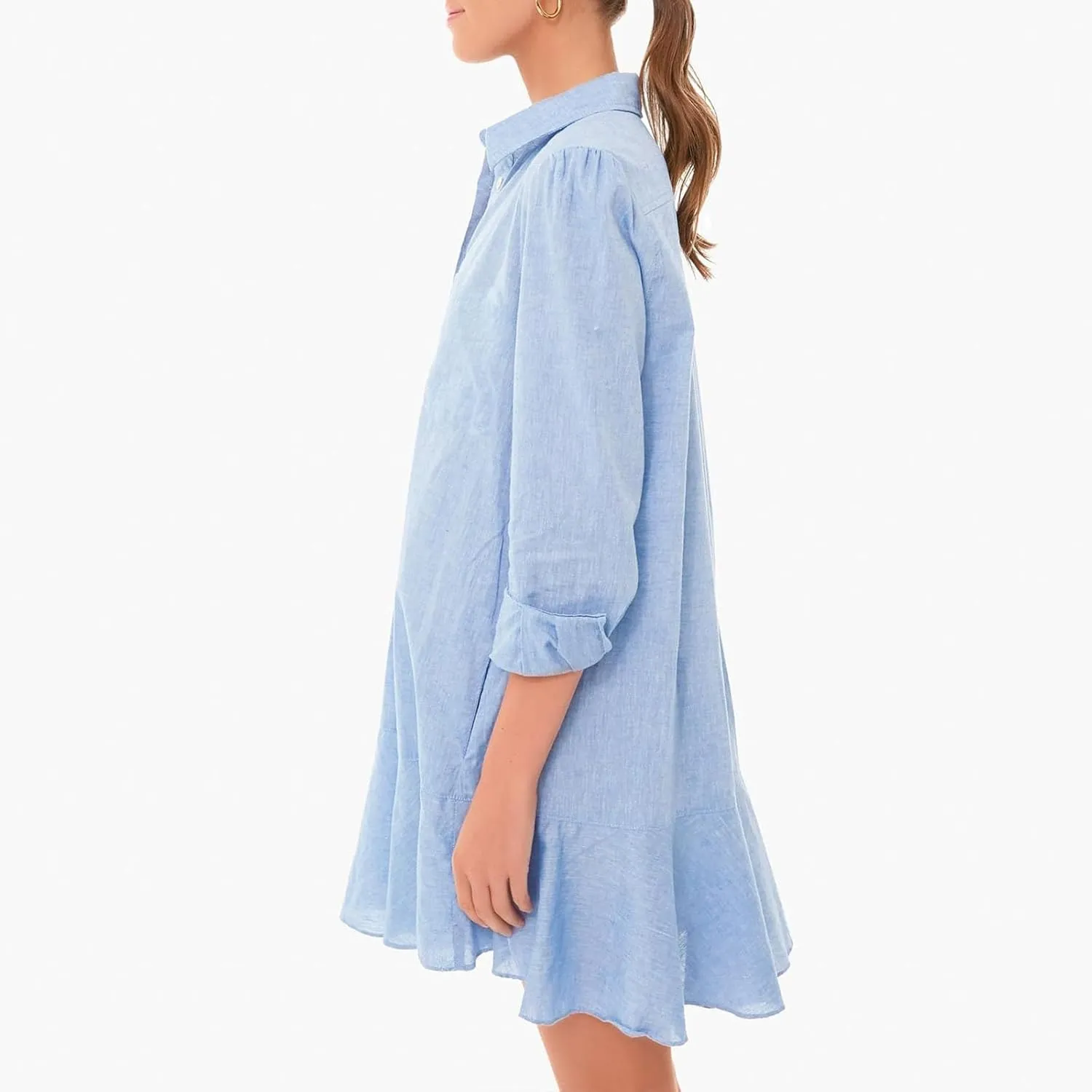 Womens Casual Button Down Shirt Dress Long Sleeve Collared Pleated Swing Mini Dresses Tunic Blouse Top