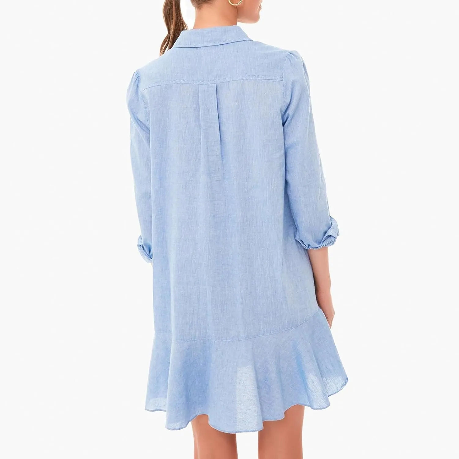 Womens Casual Button Down Shirt Dress Long Sleeve Collared Pleated Swing Mini Dresses Tunic Blouse Top