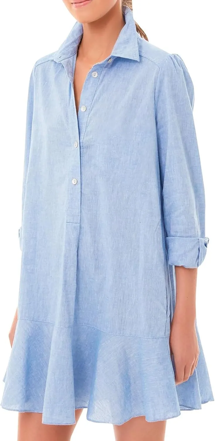Womens Casual Button Down Shirt Dress Long Sleeve Collared Pleated Swing Mini Dresses Tunic Blouse Top